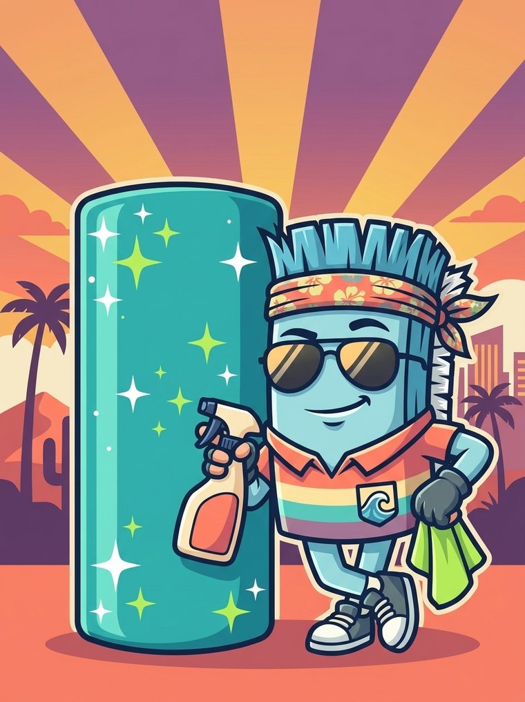 Squeaky mascot with a spray bottle beside a spotless mat